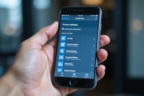 Mano tocando una pantalla táctil con iconos de configuración y privacidad