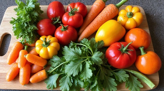 Variedad de vegetales frescos y coloridos en una tabla de cortar.