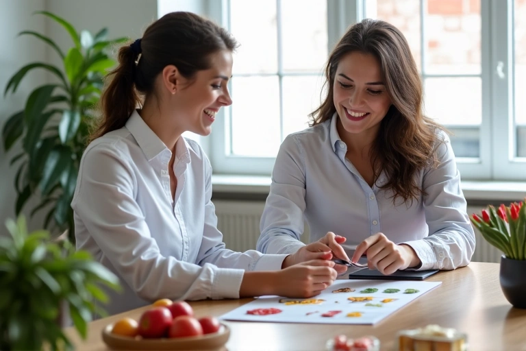 Nutricionista explicando un plan de alimentación a un cliente en una oficina moderna